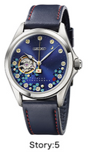 Seiko × Violet Evergarden “Story 5” Limited Edition Watch featuring a navy leather strap, crescent moon detail, and hidden rose at 4 o’clock—symbolizing eternal love in a garden under moonlight.