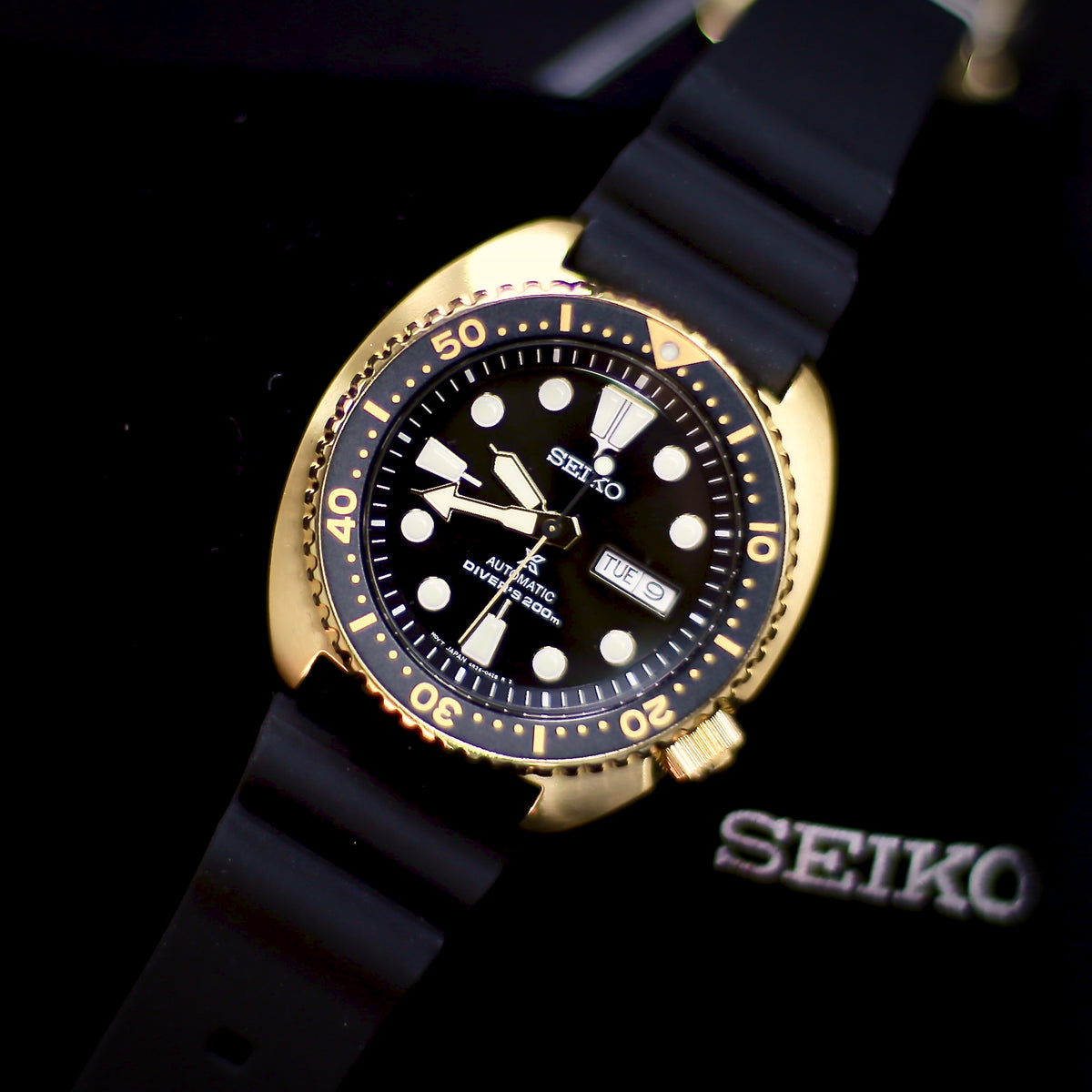 Seiko Prospex Automatic 200M Diver Watch Gold-Black Turtle SRPC44