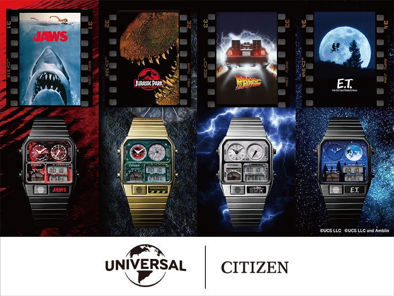 Step into Movie Magic with Citizen's Retro Ana-Digi Temp Collection in Collaboration with Universal Studios - Back to the Future JG2136-65A, E.T. JG2137-62L, Jurassic Park JG2132-66W, and Jaws JG2138-60Z