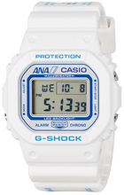 Casio G‑SHOCK x ANA DW‑5600 limited edition aviation watch with white dial, blue ANA logo, resin strap featuring airport codes, airplane LED backlight, engraved caseback, exclusive ANA packaging — available at WatchOutz.com  with secure worldwide shipping