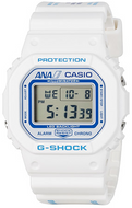Casio G‑SHOCK x ANA DW‑5600 limited edition aviation watch with white dial, blue ANA logo, resin strap featuring airport codes, airplane LED backlight, engraved caseback, exclusive ANA packaging — available at WatchOutz.com  with secure worldwide shipping