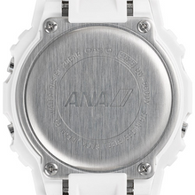 Casio G‑SHOCK x ANA DW‑5600 limited edition aviation watch with white dial, blue ANA logo, resin strap featuring airport codes, airplane LED backlight, engraved caseback, exclusive ANA packaging — available at WatchOutz.com  with secure worldwide shipping