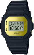 Casio G‑Shock DW‑5600BBMB‑1 front view, metallic mirror gold square case with iconic digital dial. Shop Watchoutz.com