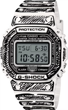 Casio G-Shock DW-5600JV-7 Joshua Vides limited edition watch, white resin case with bold black graphic accents, digital display, and signature street art design.