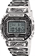 Front View of Casio G-Shock DW-5600JV-7 Joshua Vides limited edition watch, white resin case with bold black graphic accents, digital display, and signature street art design. Shop Watchoutz.com.
