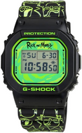 Casio G‑SHOCK x Rick and Morty DW‑5600RM21‑1 limited edition watch, bold neon green strap with iconic portal graphics front view. Shop WatchOutz.com.
