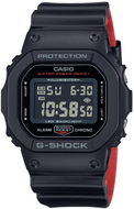 Casio G‑Shock DW‑5600UHR‑1 digital sport watch, black resin case with bold red accents, two‑tone strap design, square face with EL backlight, shock‑resistant construction, 200M water resistance, and multifunction digital display. Iconic DW‑5600 Series toughness in a striking black‑and‑red colorway, available at WatchOutz.com.