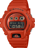 Casio G‑Shock DW‑6900RRB‑4 inverted black LCD dial close‑up front view. Shop Watchoutz.com