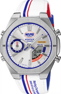 Casio Edifice × NISMO Heritage Edition 2025 ECB-S10NIS-7A front view with stainless steel case, white dial, and red-blue racing accents. Available at WatchOutz.com.