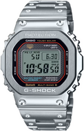 Casio G-Shock GMW-B5000D-1C full metal square face silver with red line, Tough Solar Bluetooth Multi-Band 6 watch front view. Available at Watchoutz.com.