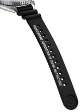 Black silicon diver’s strap with PADI original name imprint along the band, designed for Seiko Turtle HBB002.