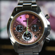 Close up dial in-house photo by Watchoutz.com — Seiko x Hatsune Miku Senbonzakura watch with cherry blossom motifs and smoky purple gradient dial.