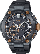 G‑SHOCK MR‑G MRG‑B2000JS‑1A limited edition with recrystallized titanium bezel, gold IP accents, and katana‑inspired design — front view.