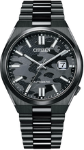 Front view of Citizen Tsuyosa Mechanical Automatic NJ0155-87E watch with black IP stainless steel case and bracelet, camouflage textured dial, date display at 3 o’clock, and luminous hands and markers.