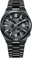 Front view of Citizen Tsuyosa Mechanical Automatic NJ0155-87E watch with black IP stainless steel case and bracelet, camouflage textured dial, date display at 3 o’clock, and luminous hands and markers.