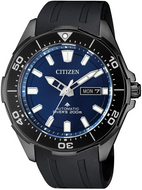 Citizen NY0075‑12L Mechanical Diver Super Titanium Black Duratect with luminous blue dial and black rubber strap — front view.