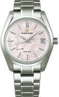 Grand Seiko SBGA413 Cherry Blossom Shunbun Heritage Spring Drive 62GS case front view, titanium case and bracelet