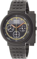 Front view of Seiko SCED037 Giugiaro Design Limited Edition chronograph watch, black asymmetrical case with yellow accents and orange chronograph hand, inspired by Ripley’s Aliens movie timepiece.