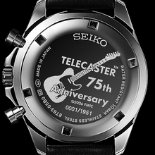Caseback View Close up with engraving details of Seiko X Fender Telecaster 75th Anniversary Collaboration Limited Edition Quartz Chronograph. at Wantchoutz.com 