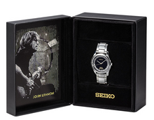 Seiko × John Lennon 85th Birthday Commemorative Limited Edition quartz watch on preorder, portrait of Lennon on dial, special packaging.