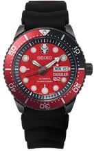 Front view of RADIO EVA × Seiko Prospex Diver Unit‑02 Limited Edition watch with crimson Spear of Longinus second hand. Shop Wathcoutz.com.