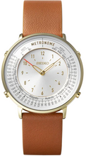 Seiko Metronome Watch SMW003A front view with golden case, silver dial, camel brown leather strap, dual‑function time and tempo display