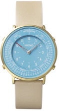 Seiko Metronome Watch SMW005A front view with golden case, sky‑blue dial, khaki leather strap, dual‑function time and tempo display