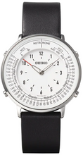 Front view of Seiko Metronome Watch SMW006A, monotone white dial with minimalist markers and sleek case design.