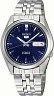 Seiko 5 Mechanical Automatic SNK357 men’s watch with dark blue dial, 5‑monogram logo, stainless steel case and bracelet, classic Japanese timepiece, shop Watchoutz.com