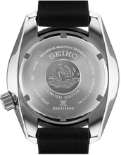 Caseback view of Seiko Prospex Sumo SPB541 Wonders of Nature 2025 Asia‑Pacific Limited Edition mechanical automatic diver watch, stainless steel case, textured dial, and black strap front view.