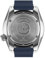 Caseback view of Seiko Prospex Sumo SPB543 Wonders of Nature 2025 Asia‑Pacific Limited Edition mechanical automatic diver watch, stainless steel case, textured dial, and navy blue strap.