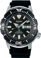 Front view of Seiko Prospex SRPD27 Black Monster Automatic Diver 200M watch, bold black dial, serrated bezel, luminous markers. Genuine Japanese watch at Watchoutz.com.