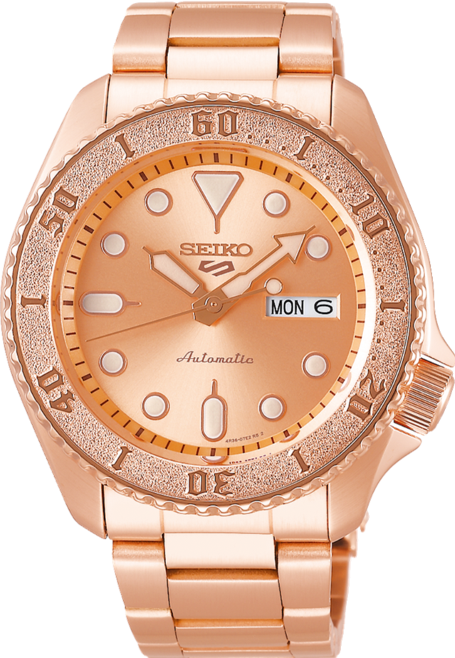 Seiko 5 Sports Street Style SKX Automatic Rose Gold Tone SRPE72 SRPE72K1. Available at Watchoutz.com, your best online watch retailer based in Hong Kong, buy brand new genuine Japanese watches with confidence, fast international shipping, Satisfied customers proven. Visit Watchoutzinternational for your next horology hunt.