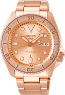 Front view Seiko 5 Sports SRPE72 Street Style automatic watch, rose gold dial, stainless case, bracelet, WatchOutz product photo