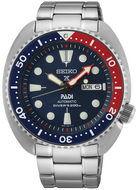 Seiko Prospex SRPE99 PADI Turtle automatic 200M diver’s watch with stainless steel case, blue and red Pepsi bezel, and black dial featuring luminous hands and markers.