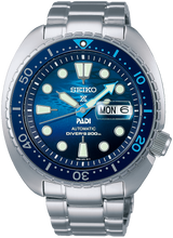 Seiko Prospex SRPK01 PADI Great Blue King Turtle front view with ocean‑wave dial. Shop Watchoutz.com