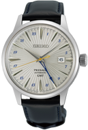 Seiko Presage SSK049 Cocktail Time GMT Silver Bullet front view, refined case and collector exclusivity. Shop Watchoutz.com.