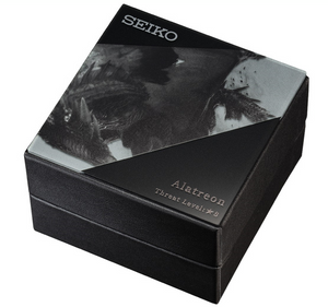 Seiko x Monster Hunter 2024 Collaboration Alatreon Limited Edition Quartz Watch, featuring solid black design with inverted scales, embossed dial, gold and silver index motifs, elemental activation subdial, and engraved Alatreon icon, Limited 2,000 pieces, Japan domestic market model, special packaging with monster artwork 魔物獵人. Available at Watchoutz.com, best online watch shop based in Hong Kong, buy brand new rare Japanese genuine watches, speedy international shipping, best deals, Watchoutzinternational