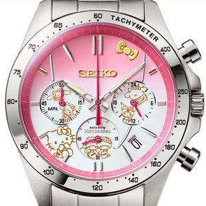 Hello Kitty 50th Anniversary Shinkansen 500 Series Collaboration Limited Edition Seiko Quartz Chronograph, Features pink dial, golden Hello Kitty, Sanrio characters on sub-dial. Limited 5,000 pieces. Commemorative box. Japan domestic market only. Available at Watchoutz.com, the best online watch retailer based in Hong Kong, fast international shipping, genuine Japanese brand new watches, best deals, satisfy customers, enrich your online purchase experience with Watchoutzinternational