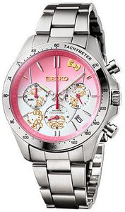 Hello Kitty 50th Anniversary Shinkansen 500 Series Collaboration Limited Edition Seiko Quartz Chronograph features pink dial, golden Hello Kitty, Sand anrio characters on the sub-dial—limited 5,000 pieces. Commemorative box. Japan domestic market only. Available at Watchoutz.com, the best online watch retailer based in Hong Kong, fast international shipping, genuine Japanese brand new watches, best deals, satisfy customers, richen your online purchase experience with Watchoutzinternational
