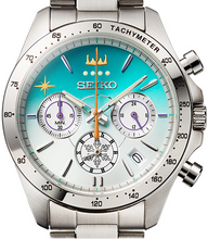 Detailed close‑up of Seiko × Shinkalion H5 Hayabusa dial highlighting Hatsune Miku‑inspired sub‑dials and refined index design.