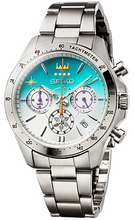 Seiko × Shinkalion H5 Hayabusa 10th Anniversary chronograph front view showcasing Tokiwa Green gradient dial and Saika Purple accents.