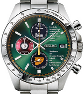 Seiko × The Beatles Rubber Soul 60th Anniversary chronograph watch front dial with Beatles logo

