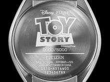 Citizen Woody Tsuno Chrono caseback engraved with Toy Story logo and edition number.