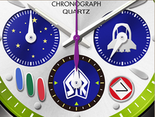 Detailed close‑up of Buzz Lightyear dial with luminous markers, purple accents, and chronograph sub‑dials inspired by Space Ranger colors.