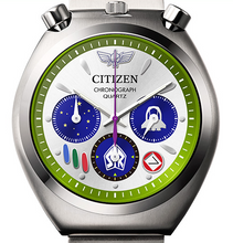 Citizen × Pixar Toy Story Buzz Lightyear Tsuno Chrono front view showing green ring, purple accents, and star‑filled sub‑dials.