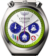 Citizen × Pixar Toy Story Buzz Lightyear Tsuno Chrono front view showing green ring, purple accents, and star‑filled sub‑dials.