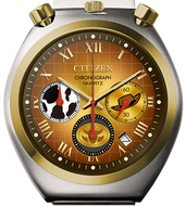 Citizen × Pixar Toy Story Woody Tsuno Chrono front view showing green ring, purple accents, and star‑filled sub‑dials.