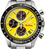 Yellow dial Seiko × Initial D RX‑7 FD3S Quartz Chronograph with dashboard‑style sub‑dials, rotary engine index at 12 o’clock, RedSuns logo at 3 o’clock — WatchOutz