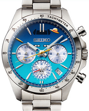 Seiko × One Piece Shinkansen Setouchi Blue Limited Edition Quartz Chronograph front view, highlighting dial and bezel.